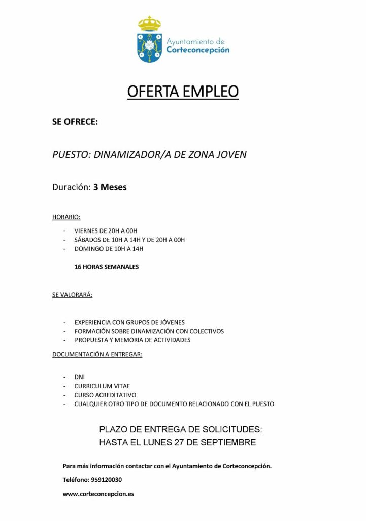 OFERTA DE EMPLEO: DINAMIZADO/A DE ZONA JOVEN