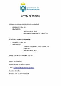OFERTA DE EMPLEO: AUXILIAR DE COCINA Y MONITOR/A DE COMEDOR ESCOLAR