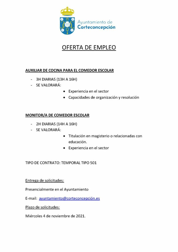 OFERTA DE EMPLEO: AUXILIAR DE COCINA Y MONITOR/A DE COMEDOR ESCOLAR