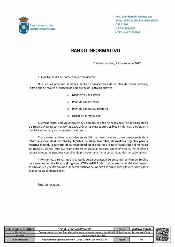 BANDO INFORMATIVO - AYUNTAMIENTO DE CORTECONCEPCIÓN.