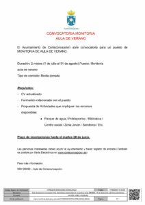 OFERTA DE EMPLEO – CONVOCATORIA MONITOR/A AULA DE VERANO