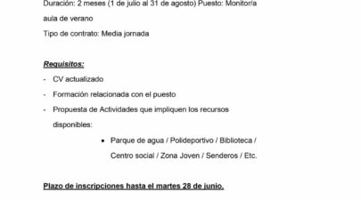 OFERTA DE EMPLEO – CONVOCATORIA MONITOR/A AULA DE VERANO