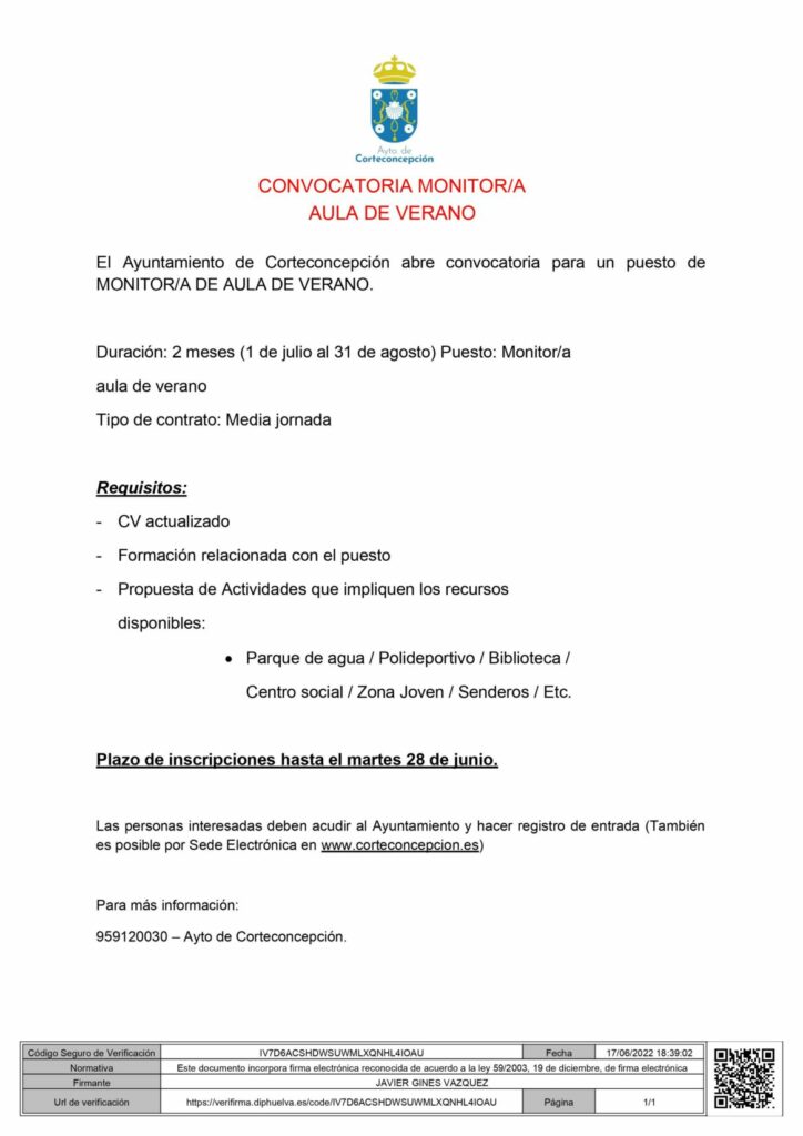 OFERTA DE EMPLEO - CONVOCATORIA MONITOR/A AULA DE VERANO