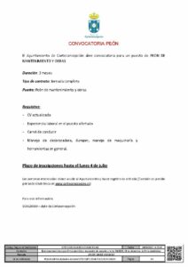 OFERTA DE EMPLEO: CONVOCATORIA PEÓN DE OBRA Y MANTENIMIENTO