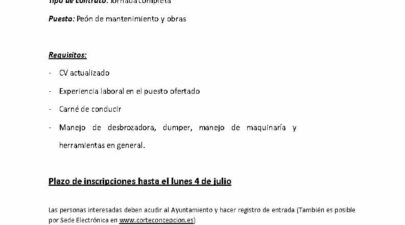 OFERTA DE EMPLEO: CONVOCATORIA PEÓN DE OBRA Y MANTENIMIENTO