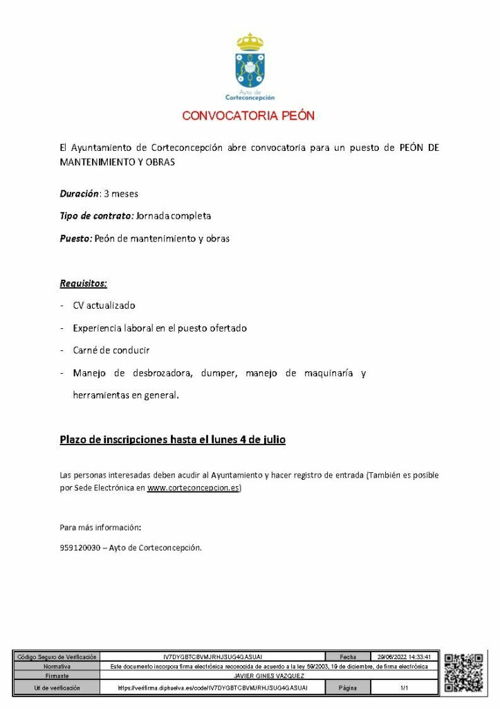 OFERTA DE EMPLEO: CONVOCATORIA PEÓN DE OBRA Y MANTENIMIENTO