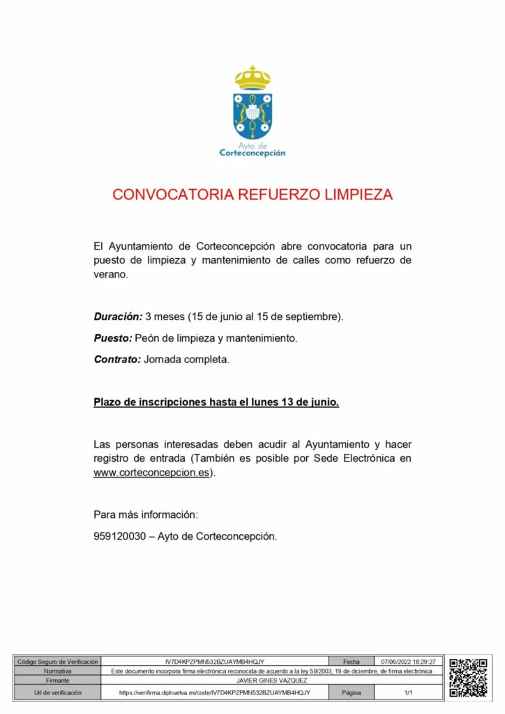 CONVOCATORIA - REFUERZO LIMPIEZA Y MANTENIMIENTO  VERANO.