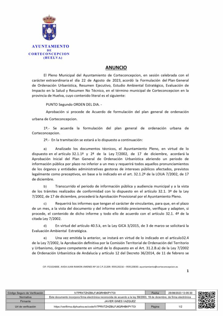 Acuerdo de formulación del Plan General de Grdenación Urbana de Corteconcepcion.