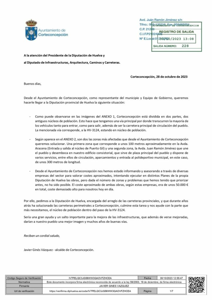 SOLICITUD FORMAL A DIPUTACIÓN PARA ARREGLO DE CARRETERAS DENTRO DEL NÚCLEO.