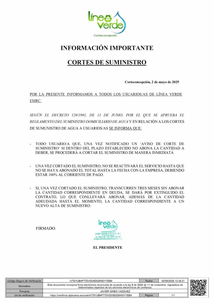 INFORMACIÓN IMPORTANTE  CORTES DE SUMINISTRO DE AGUA 💧🚱