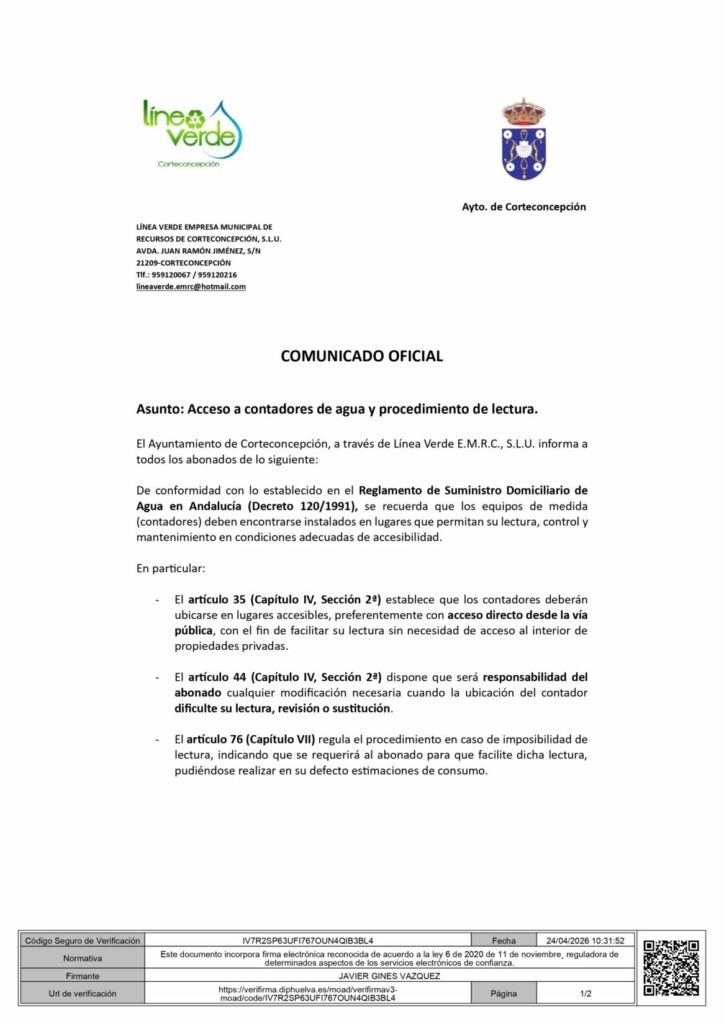 COMUNICADO DE LECTURA DE CONTADORES EN INTERIORES DE LV