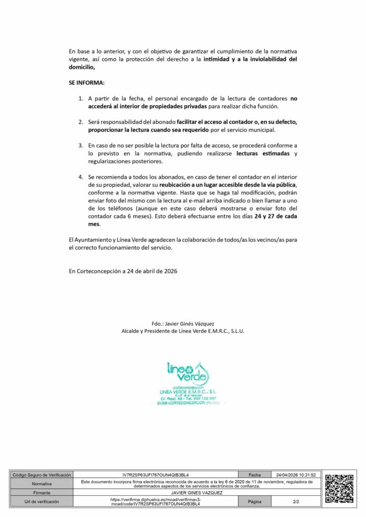 COMUNICADO DE LECTURA DE CONTADORES EN INTERIORES DE LV