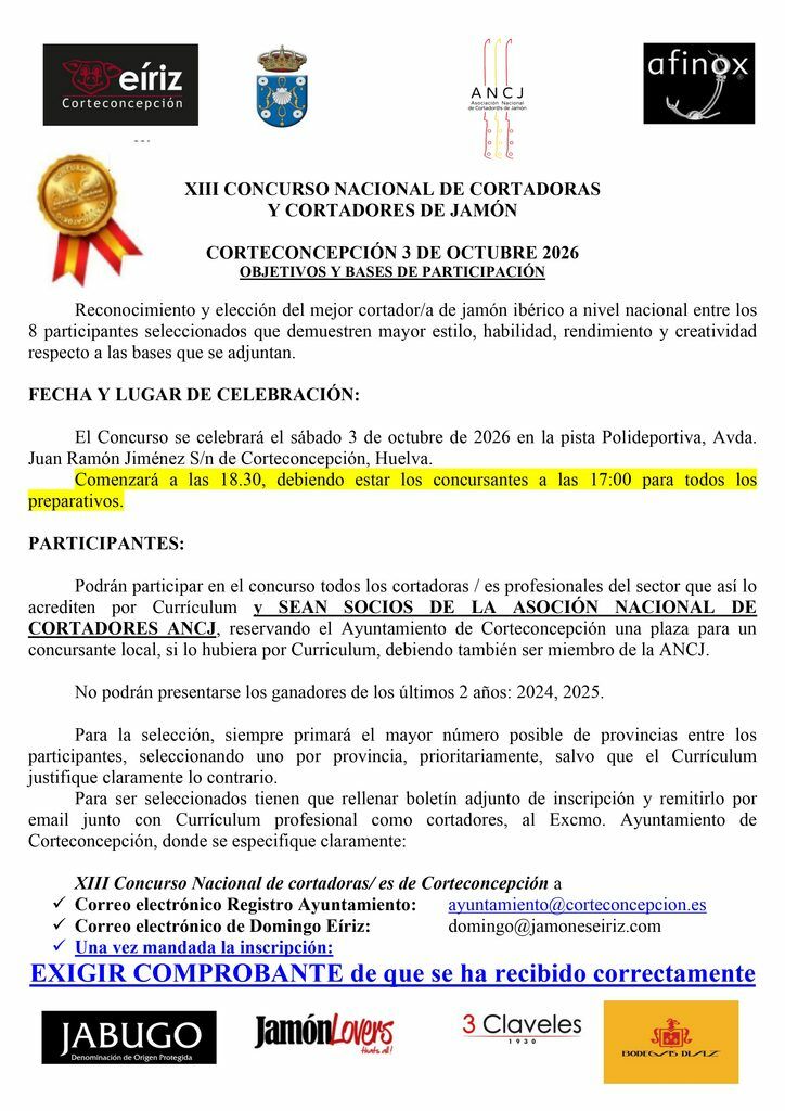 BASES DE INSCRIPCIÓN PARA EL XIII CONCURSO NACIONAL DE CORTADORES DE JAMÓN DE CORTECONCEPCIÓN – 2026