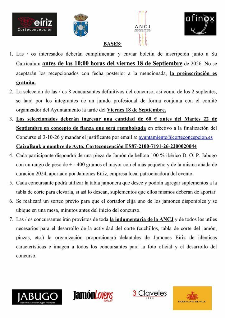 BASES DE INSCRIPCIÓN PARA EL XIII CONCURSO NACIONAL DE CORTADORES DE JAMÓN DE CORTECONCEPCIÓN – 2026